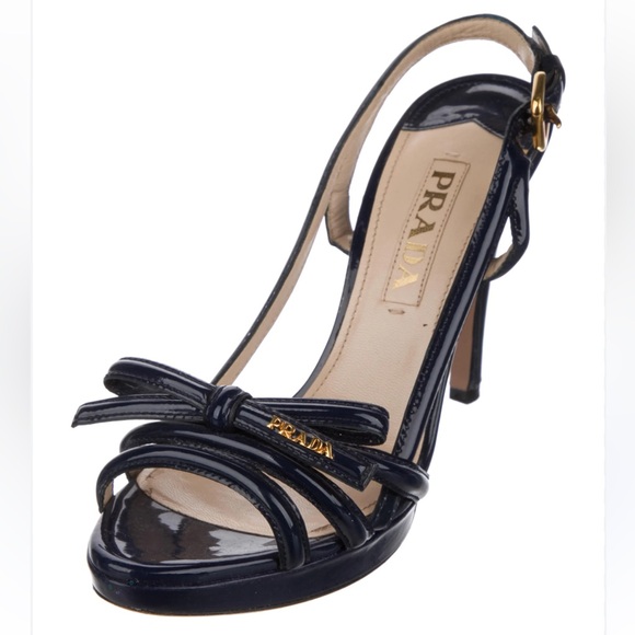 Prada Blue Patent Leather Bow Open Toe Slingback Sandals - Picture 1 of 4